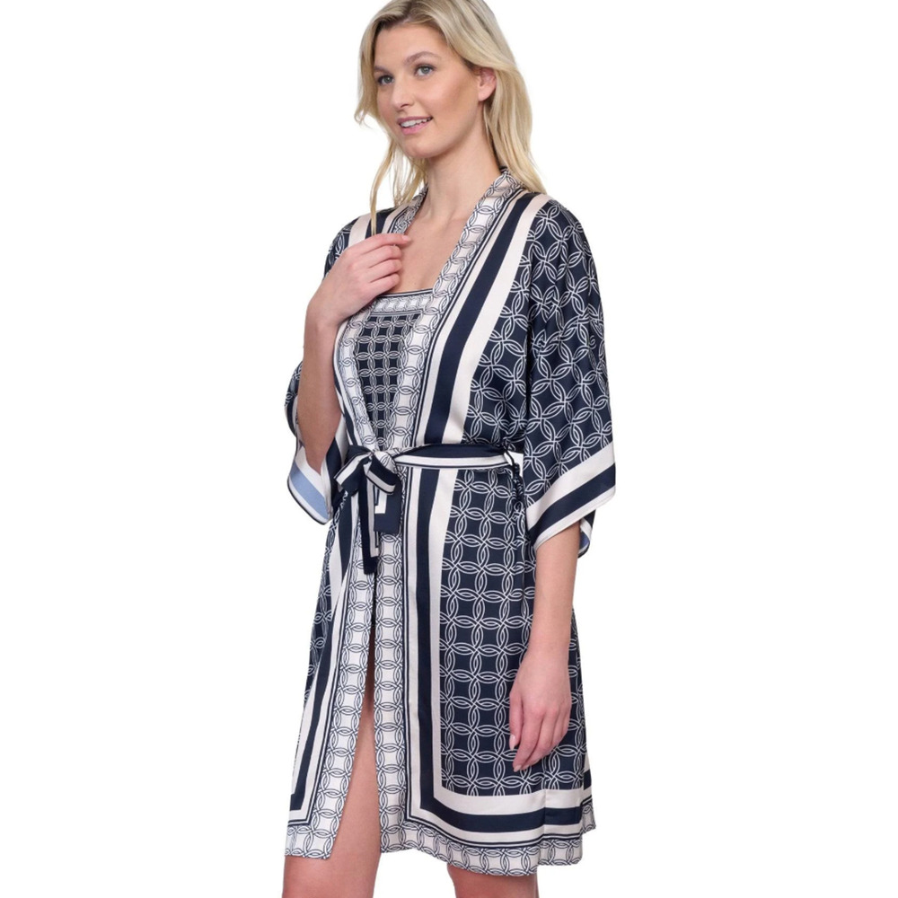 NWT GOTTEX BLACK CREAM GOLDEN CHIC BELTED KIMONO ROBE SWIM COVER-UP SZ S